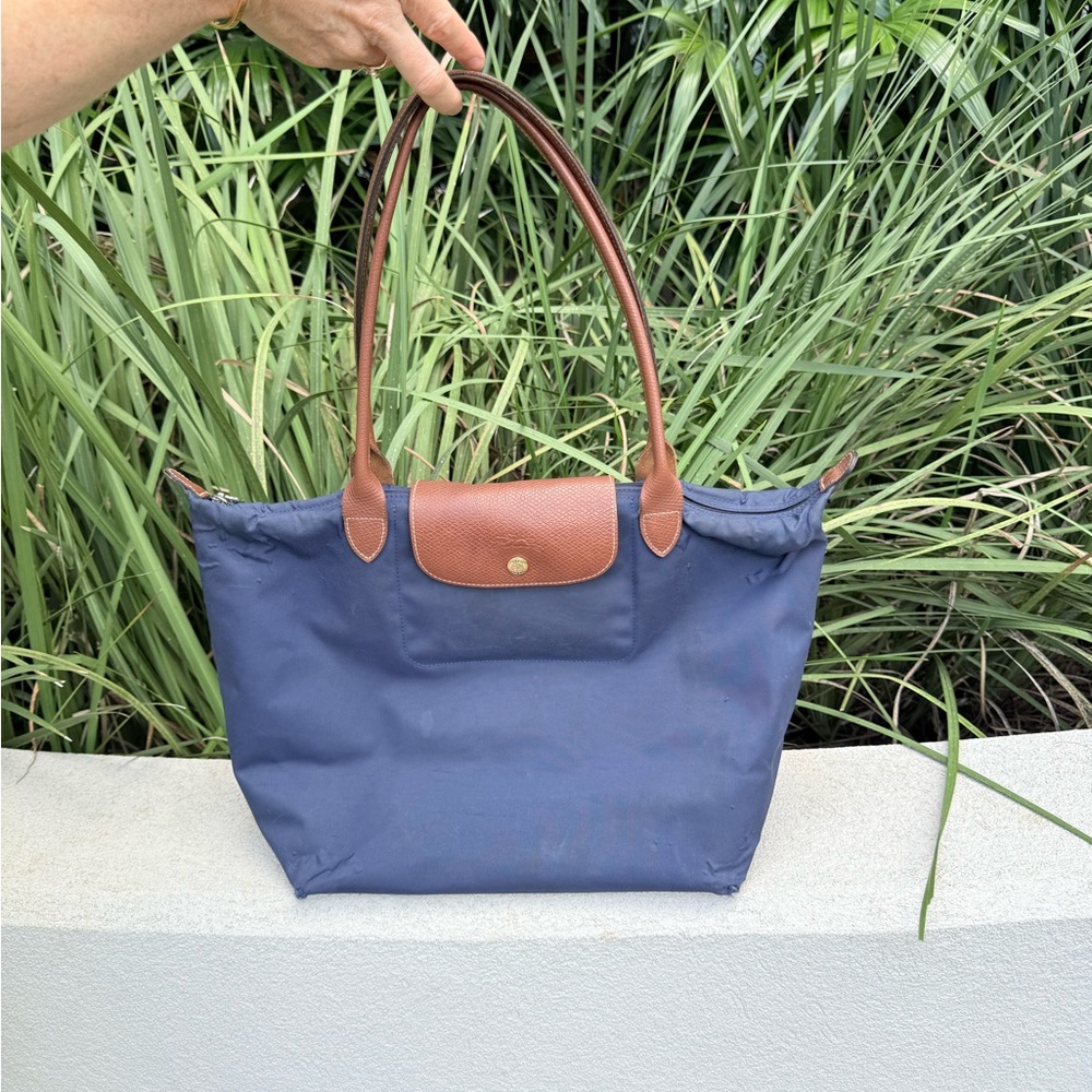 Longchamp large nylon Navy and Tan leather Tote Bag